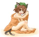 animal_ears barefoot brown_eyes brown_hair cat_ears cat_tail chen earrings feet hat jewelry kasuga_yukihito legs multiple_tails naked_towel nude open_mouth sitting sketch solo tail touhou towel 
