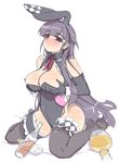  akatsuki_alut alcohol animal_ears bad_id bad_pixiv_id bare_shoulders bottle breast_lift breasts bunny_ears bunny_girl bunnysuit cleavage drunk elbow_gloves gloves large_breasts liquor long_hair mel/a original purple_hair red_eyes sitting solo thighhighs wariza 