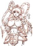  breasts brown covered_nipples hisahiko huge_breasts impossible_clothes long_hair midriff monochrome navel neige_hausen one_eye_closed pointy_ears solo star super_robot_wars super_robot_wars_og_saga_mugen_no_frontier super_robot_wars_og_saga_mugen_no_frontier_exceed v 