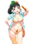  bad_id bad_pixiv_id bikini black_hair blush breasts cleavage cowboy_shot food hands lowleg masao medium_breasts open_mouth original ponytail sausage sexually_suggestive shirt single_thighhigh solo striped striped_shirt swimsuit thighhighs 