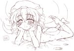  ass barefoot blush chin_rest feet gekkou_ookami hat luna_child lying monochrome nude oekaki sketch smile solo sweat toe_scrunch touhou wings 