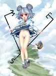 animal_ears basket blush dowsing_rod enone floating grey_hair jewelry loafers maebari mouse mouse_ears mouse_tail nazrin no_panties pendant red_eyes shoes short_hair skirt skirt_lift socks solo surprised sweatdrop tail touhou white_legwear wind wind_lift 