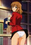  90s absurdres aika_(series) aika_zero ass bangs black_skirt blue_eyes book book_focus bookshelf brown_hair copyright_name cropped_legs crotch_seam eyebrows_visible_through_hair highres holding holding_book indoors jacket looking_at_viewer looking_back megami non-web_source official_art panties pantyshot pantyshot_(standing) parted_lips red_jacket short_hair skirt solo standing sumeragi_aika underwear white_panties wind wind_lift yamauchi_noriyasu 