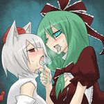  animal_ears breasts chin_grab cleavage detached_sleeves fang front_ponytail green_eyes green_hair grey_hair hair_ribbon hat inubashiri_momiji kagiyama_hina kiss medium_breasts multiple_girls oro_(zetsubou_girl) red_eyes ribbon saliva saliva_trail tokin_hat tongue touhou wolf_ears yuri 