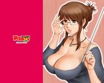  action_pizazz adjusting_eyewear breasts brown_hair cleavage fingernails glasses hair_bun huge_breasts jewelry mature nail_polish necklace pink_nails pointer ring saigadou solo teacher wallpaper wedding_band 