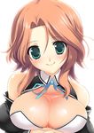  :3 bare_shoulders between_breasts blush breasts brown_hair bust_cup cleavage dream_c_club dream_c_club_(series) futaba_riho heart heart-shaped_pupils large_breasts looking_at_viewer solo symbol-shaped_pupils upper_body water wet yoshiwo 