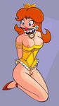  1girl arms_behind arms_behind_back atomictiki ball_gag ballgag bdsm blue_eyes bondage bound breasts collar covering gag highres mario_(series) nintendo nipples orange_hair princess_daisy rope super_mario_bros. super_mario_land 