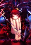 barefoot bug butterfly el-zheng feet hands hands_on_feet houjuu_nue insect leg_hug nude plantar_flexion polearm red_eyes red_hair short_hair snake solo touhou trident weapon wings 
