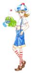  1girl blonde_hair breath_of_fire breath_of_fire_iv closed_mouth commentary_request denim hat jeans kikimimi_612 looking_at_viewer midriff navel oshieta_girl pants puppet shirt short_hair simple_background solo suspenders traditional_media watercolor_(medium) white_background white_shirt 