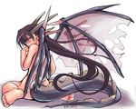  barefoot black_hair blush copyright_request dragon_girl dragon_tail dragon_wings feet horns long_hair looking_back monster_girl pointy_ears red_eyes ryou sitting solo tail tsurime very_long_hair wings 