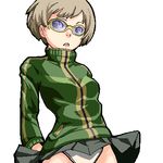  atlus brown_eyes brown_hair glasses jacket lowres oekaki panties pantyshot persona persona_4 satonaka_chie school_uniform short_hair skirt skirt_lift tokoroten underwear 