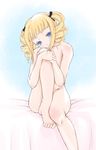  bed blonde_hair blue_eyes drill_hair highres nude original short_hair sitting solo yousisi 