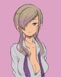  breasts cleavage copyright_request dress_shirt hair_over_one_eye large_breasts shirt solo sugano_manami 