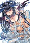  black_hair blue_eyes blue_nails breast_press breasts bridal_gauntlets cleavage dark_skin demon demon_girl fingernails horns large_breasts long_hair multiple_girls nail_polish nipples original pink_nails purple_eyes saburou_(hgmg) silver_hair symmetrical_docking thighhighs white_hair yuri 