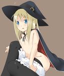  bad_id bad_pixiv_id blonde_hair bloomers blue_eyes cape flat_chest hair_censor hair_over_breasts hat long_hair mousou_(mousou_temporary) naked_cape navel original solo topless underwear witch_hat 