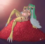  2019 animal_humanoid areola avian avian_humanoid bantar2 belly big_belly big_breasts blush breasts butt claws digital_media_(artwork) female green_hair hair happy harpie hi_res humanoid konami long_hair nipples nude pregnant simple_background smile solo thick_thighs wings yu-gi-oh 