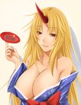  alcohol bare_shoulders blonde_hair blush breasts cleavage cup fang horn hoshiguma_yuugi huge_breasts long_hair red_eyes sakazuki sake shuugetsu_karasu solo touhou 