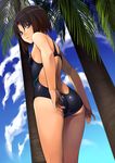  adjusting_clothes adjusting_swimsuit ass bare_shoulders blue_eyes breasts brown_hair cloud competition_swimsuit covered_nipples day from_behind from_below frown glaring hands kara_no_kyoukai lips looking_back one-piece_swimsuit palm_tree ryougi_shiki short_hair skin_tight sky small_breasts solo swimsuit thighs tree yuzuriha_(active_homing) 