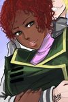  1girl 80s afro choujikuu_yousai_macross claudia_lasalle couple dark_skin green_eyes grin hetero hug hug_from_behind interracial looking_at_viewer macross military military_uniform oldschool robotech roy_focker signature smile u.n._spacy uniform very_dark_skin 