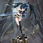  bandages belt bikini_top black_hair black_rock_shooter black_rock_shooter_(character) blue_eyes boots chain checkered foreshortening front-tie_top gauntlets gloves insane_black_rock_shooter katana long_hair loose_belt motion_blur navel scar shorts solo sword twintails ushas very_long_hair weapon 