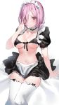  1girl alternate_costume apron arm_support black_bikini_top black_skirt blush breasts choker cleavage closed_mouth collarbone detached_sleeves enmaided fate/grand_order fate_(series) frilled_choker frills front-tie_bikini front-tie_top hair_over_one_eye hand_up highres large_breasts looking_at_viewer maid maid_apron maid_headdress mash_kyrielight miniskirt navel puffy_short_sleeves puffy_sleeves purple_eyes purple_hair short_hair short_sleeves sitting skirt solo stomach thighhighs white_background white_legwear yuuko_(030_yuko) zettai_ryouiki 