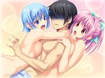  2girls blue_eyes blue_hair breast_press breasts game_cg girl_sandwich himuro_rikka hinata_hanabi hug koutaro large_breasts looking_at_viewer multiple_girls nude open_mouth pink_hair red_eyes sandwiched shaded_face tropical_kiss 