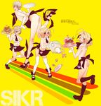  america_(hetalia) artist_request axis_powers_hetalia blonde_hair blue_eyes canada_(hetalia) food france_(hetalia) green_eyes male_focus multiple_boys necktie thighhighs tray united_kingdom_(hetalia) yellow_background 