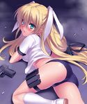  aqua_eyes ass blonde_hair blush buruma green_eyes gun gym_uniform handgun holster little_busters! long_hair looking_back magazine_(weapon) pistol solo thigh_holster thigh_strap tokido_saya twintails weapon zen 