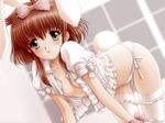  1girl animal_ears blush bow breasts bunny_ears bunny_tail female green_eyes kuroda_akimi panties puffy_tail red_hair small_breasts solo tail thighhighs underwear white 