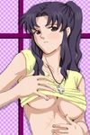  breasts cross jewelry katsuragi_misato large_breasts long_hair nagisa_(516k) necklace neon_genesis_evangelion ponytail purple_hair scar solo underboob 