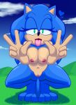  &lt;3 &lt;3_eyes 3_toes breasts cloud crossgender crouching eulipotyphlan eyelashes female grass green_eyes half-closed_eyes hedgehog looking_at_viewer mammal navel nipples nude open_mouth outside paws pussy sonic_(series) sonic_the_hedgehog thanu toes tongue tongue_out v_sign 