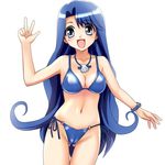  bikini blue_eyes blue_hair bracelet breasts cameltoe cleavage curly_hair jewelry large_breasts long_hair mermaid_melody_pichi_pichi_pitch miru mole navel necklace noel_(mermaid_melody_pichi_pichi_pitch) side-tie_bikini simple_background smile solo swimsuit thigh_gap v very_long_hair 
