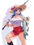  blue_eyes blue_hair breasts copyright_request fish fishing_rod hat highres holding holding_fishing_rod huge_breasts nipples plaid plaid_skirt ryoji_(nomura_ryouji) see-through skirt solo straw_hat wet 