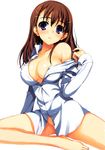  absurdres bare_shoulders barefoot blush breasts brown_hair copyright_request hair_ornament hairclip highres large_breasts long_hair naked_shirt no_bra no_panties non-web_source open_clothes open_shirt purple_eyes shirt solo sweat tomose_shunsaku 