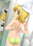  1girl adjusting_bra adjusting_clothes ass back blonde_hair bra brother_and_sister butt_crack dressing green_eyes kagamine_len kagamine_rin lingerie looking_back panties siblings ten_(kisako) twins underwear underwear_only undressing vocaloid 