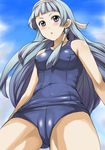  bangs blue_hair blunt_bangs blush breasts cameltoe cholesenel covered_nipples day fat_mons hair_tubes kannagi long_hair nagi one-piece_swimsuit purple_eyes school_swimsuit sky small_breasts solo swimsuit 
