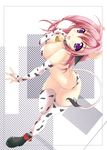  animal_print artist_request bell bell_collar breasts cleavage collar copyright_request cow_girl cow_print cow_tail elbow_gloves gloves highres horns large_breasts purple_eyes purple_hair solo tail thighhighs 