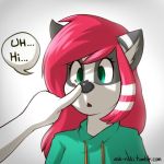  anthro black_nose boop canid canine canis clothed clothing disembodied_hand english_text female green_eyes hair inner_ear_fluff long_hair mammal marblesoda portrait red_hair rikki text watermark wolf 