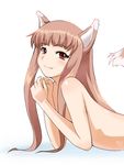  animal_ears brown_hair fang highres holo long_hair nude red_eyes solo spice_and_wolf tail trackball_(artist) wolf_ears 