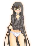  black_hair blush female_protagonist_(houkago_play) green_eyes houkago_play kasuga_yukihito long_hair panties school_uniform skirt skirt_lift solo underwear very_long_hair 