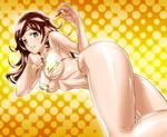  ass bikini breasts brown_hair earrings green_eyes hajime_(caramel_toone) jewelry large_breasts lying micro_bikini miyamae_takako on_side onegai_my_melody shiny shiny_skin smile solo swimsuit twintails underboob wide_hips 