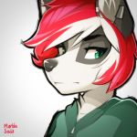  ambiguous_gender anthro black_nose canid canine canis clothed clothing green_eyes hair inner_ear_fluff low_res mammal marblesoda piercing portrait procyonid raccoon red_hair rikki simple_background solo tuft wolf 