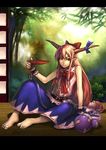  alcohol arm_support bad_id bad_pixiv_id barefoot blonde_hair bow chain cup feet horns ibuki_suika letterboxed lieqi_hun lips long_hair pointy_ears sakazuki sake sitting solo touhou veranda yellow_eyes 