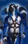  anthro big_penis blue_eyes blue_fur blue_hair cock_ring ear_piercing erection foreskin fur hair harness humanoid_penis leather lemur long_hair lune male mammal nipple_piercing nipples open_mouth penis piercing precum primate ring-tailed_lemur skull solo spiked_armband spiked_cuffs spikes standing teeth totesfleisch8 uncut wrist_cuff 