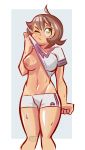  1girl belly breasts brown_eyes brown_hair creatures_(company) eyebrows female_protagonist_(pokemon_swsh) game_freak highres matching_hair/eyes mcfly nintendo pokemon pokemon_swsh shirt short_hair shorts simple_background socks solo stomach 