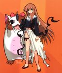  animal_costume brown_hair cat cat_costume daiakuji double_horizontal_stripe fudou_mei full_body green_eyes groin hand_on_hip honoo_donko long_hair mouth_hold multiple_girls no_panties object_on_head orange_background orion_(orionproject) pink_hair school_uniform serafuku signature skirt source_request thigh_strap torn_clothes very_long_hair 