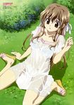  absurdres bra brown_eyes brown_hair dress highres lingerie long_hair nogizaka_haruka nogizaka_haruka_no_himitsu non-web_source panties ribbon sandals see-through solo underwear uno_michiko wet wet_clothes 