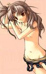  adjusting_hair daiakuji flat_chest grey_hair groin hair_ribbon hairdressing jpeg_artifacts long_hair navel no_nipples one-piece_swimsuit onigirikun orange_eyes ribbon school_swimsuit side_ponytail solo swimsuit swimsuit_pull takega_satsu topless undressing 