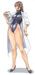  brown_eyes brown_hair clipboard high_heels kyoukai labcoat one-piece_swimsuit original shoes skin_tight solo swimsuit 