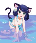  1girl animal_ears bikini blue_eyes blue_hair breasts cat_ears cat_girl cat_tail cleavage commentary_request curly_hair cyan_(show_by_rock!!) drill_hair highres looking_at_viewer ringlets show_by_rock!! showers-u smile solo swimsuit tail underwater 